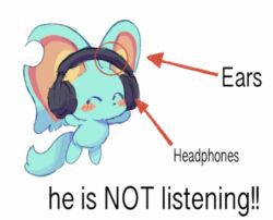 Rule 34 | animal ears, arrow (symbol), blue fur, blush stickers, closed eyes, dot nose, elfilin, headphones, kamabokobun, kirby (series), kirby and the forgotten land, meme, mouse ears, nintendo, no humans, notched ear, red arrow and circle (meme), simple background, solo, tail, white background