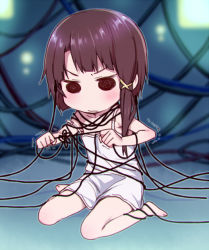 Rule 34 | 1990s (style), 1girl, :/, angry, asymmetrical hair, bad id, bad pixiv id, barefoot, brown hair, cable, camisole, display, hizuki akira, iwakura lain, light, monitor, pulling, serial experiments lain, short hair, solid circle eyes, solo, tangle, trembling
