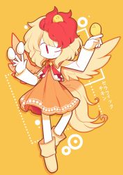 Rule 34 | 1girl, animal, bad id, bad pixiv id, bird, blonde hair, chick, chick on head, dress, egg, feathered wings, full body, long sleeves, multicolored hair, niwatari kutaka, one eye closed, orange background, pyohato (nebulamancers), red eyes, red hair, shoes, short hair, simple background, smile, solo, star (symbol), touhou, translation request, two-tone hair, wily beast and weakest creature, wings