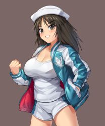 Rule 34 | 1girl, akamoku, arm up, bad id, bad pixiv id, black hair, blush, breasts, brown background, brown eyes, cleavage, clenched hand, collarbone, commentary request, contrapposto, cowboy shot, dixie cup hat, girls und panzer, grin, hand in pocket, hat, highres, jacket, large breasts, long sleeves, looking at viewer, medium hair, messy hair, military hat, murakami (girls und panzer), shark print, shirt, shorts, simple background, smile, solo, standing, sukajan, teeth, white hat, white shirt, white shorts
