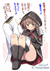 Rule 34 | 1boy, 1girl, admiral (kancolle), ass, black capelet, black dress, black footwear, blush, boots, braid, brown eyes, brown hair, buttons, capelet, dated, dress, drunk, gloves, hair ribbon, headless, hood, hooded capelet, kantai collection, knee boots, long hair, long sleeves, military, military uniform, naval uniform, odawara hakone, one-hour drawing challenge, open mouth, panties, red ribbon, ribbon, shinshuu maru (kancolle), translation request, tress ribbon, twin braids, twitter username, underwear, uniform, white gloves, white panties
