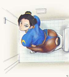 Rule 34 | 1girl, ass, ass cutout, black hair, blue dress, blue leotard, brown pantyhose, capcom, chichipaechichipapa, china dress, chinese clothes, chun-li, clothing aside, clothing cutout, commentary request, double bun, dress, dress aside, eyeliner, from above, hair bun, hair ribbon, leotard, leotard aside, leotard under clothes, looking at viewer, looking up, makeup, narrow waist, pantyhose, ribbon, solo, street fighter, toilet, toilet use, torn clothes, torn pantyhose