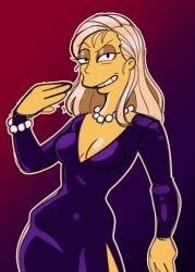 Rule 34 | 1girl, black dress, blonde hair, breasts, dress, formal, galactabee, gavin&#039;s mom, grin, hair down, half-closed eyes, highres, large breasts, looking at viewer, matt groening (style), mature female, no bra, official style, simple background, smile, the simpsons, wide hips