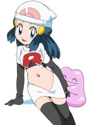 Rule 34 | 1girl, alternate costume, black legwear, blue eyes, blue hair, breasts, character name, cosplay, creatures (company), dawn (pokemon), ditto, game freak, gen 1 pokemon, hainchu, jessie (pokemon), jessie (pokemon) (cosplay), long hair, midriff, navel, nintendo, official style, open mouth, outline, pokemon, pokemon (anime), pokemon dppt (anime), simple background, skirt, small breasts, team rocket, team rocket uniform