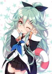 Rule 34 | 10s, 1girl, black thighhighs, blue neckerchief, blush, choker, commentary request, detached sleeves, green eyes, green hair, hair between eyes, hair ornament, hair ribbon, hairclip, highres, kantai collection, lifebuoy, matching hair/eyes, mayusaki yuu, neckerchief, nose blush, one eye closed, one side up, open mouth, pleated skirt, ribbon, sailor collar, skirt, solo, star (symbol), starry background, swim ring, thighhighs, twitter username, white background, yamakaze (kancolle), zettai ryouiki