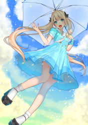 Rule 34 | 1girl, :d, ama mitsuki, aqua eyes, black bow, blonde hair, blue dress, blush, bow, cloud, commentary request, day, dress, full body, hair bow, hair ribbon, high heels, holding, holding umbrella, long hair, looking at viewer, open mouth, original, outdoors, rain, revision, ribbon, sailor dress, shoes, short sleeves, skirt, smile, socks, solo, teeth, twintails, umbrella, upper teeth only, very long hair, white neckwear, white socks, white umbrella