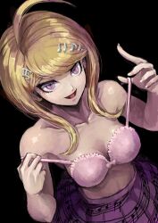Rule 34 | 1girl, :d, ahoge, akamatsu kaede, black background, blonde hair, bra, breasts, collarbone, danganronpa (series), danganronpa v3: killing harmony, fortissimo, from above, hair ornament, hands up, highres, long hair, looking at viewer, looking up, medium breasts, musical note, musical note hair ornament, no shirt, open mouth, pink bra, pink eyes, pink skirt, pleated skirt, purple eyes, shiny skin, skirt, smile, solo, strap pull, underwear, undressing, youko-shima