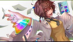 Rule 34 | 1girl, agnes tachyon (umamusume), amekudaki, animal ears, arm up, brown hair, coat, collared shirt, commentary request, diagram, earrings, erlenmeyer flask, fingernails, flask, highres, holding, holding flask, horse ears, jewelry, lab coat, long sleeves, looking at viewer, messy hair, necktie, open clothes, open coat, open mouth, outstretched arm, red eyes, science, shirt, short hair, short necktie, sleeves past fingers, sleeves past wrists, smile, solo, sweater vest, three quarter view, umamusume, undershirt, upper body, white coat, wing collar, yellow sweater vest