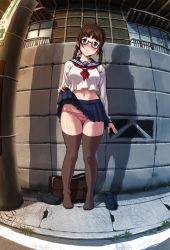 Rule 34 | 1girl, ahoge, artist request, bag, black thighhighs, blouse, blue eyes, blush, braid, breasts, brown hair, clothes lift, collarbone, curvy, day, duplicate, feet, fisheye, full body, glasses, gluteal fold, head tilt, highres, house, large breasts, lifted by self, light smile, looking at viewer, md5 mismatch, midriff peek, miniskirt, neckerchief, original, outdoors, panties, pantyshot, pole, red neckerchief, reflection, school uniform, serafuku, shadow, shirt, shoes, unworn shoes, short twintails, sidewalk, skirt, skirt lift, solo, standing, stomach, thighhighs, twin braids, twintails, underwear, white shirt