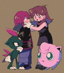 Rule 34 | 1boy, 1girl, :d, black jacket, blush stickers, bright pupils, brown background, brown hair, commentary request, creatures (company), eye contact, game freak, gen 1 pokemon, gen 2 pokemon, gloves, green (pokemon), hair flaps, hands up, highres, jacket, jigglypuff, long hair, looking at another, nintendo, ok ko19, open mouth, pants, pokemon, pokemon (creature), pokemon adventures, shoes, silver (pokemon), simple background, smile, sneasel, standing, white gloves, white pupils