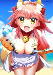 Rule 34 | 1girl, animal ear fluff, animal ears, animal hands, apron, beach, bell, bikini, blush, bottle, breasts, cat hair ornament, cat paws, cleavage, collar, collarbone, day, fangs, fate/grand order, fate (series), food, fox ears, fox tail, fruit, gloves, hair ornament, hair ribbon, highres, jingle bell, large breasts, long hair, looking at viewer, melon, mo253, neck bell, ocean, open mouth, outdoors, paw gloves, pink hair, red ribbon, ribbon, sky, solo, suikawari, summer, sweat, swimsuit, tail, tamamo (fate), tamamo cat (fate), water, water bottle, watermelon