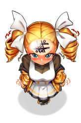 Rule 34 | 1girl, absurdres, angry, black skirt, blonde hair, blush, clenched teeth, dress, drill hair, forehead, from above, full body, ghgnvm, green eyes, hair ribbon, highres, jacket, last origin, looking at viewer, looking up, mercury (last origin), motion lines, pinafore dress, pink background, pleated skirt, ribbon, shadow, simple background, skirt, sleeveless, sleeveless dress, solo, standing, tears, teeth, tic-tac-toe, trembling, twin drills, twintails, v-shaped eyebrows, white ribbon