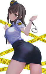 Rule 34 | 1girl, blue hat, blue necktie, blue shirt, blue skirt, breasts, brown eyes, brown hair, caution tape, closed mouth, collared shirt, commentary, cuffs, echiru39, english text, from behind, garrison cap, handcuffs, hands up, hat, highres, keep out, large breasts, leaning forward, light blush, looking at viewer, medium hair, necktie, original, paid reward available, pencil skirt, police, police uniform, policewoman, shirt, shirt tucked in, short sleeves, skirt, solo, twisted torso, uniform