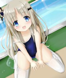 Rule 34 | 2girls, black legwear, blue eyes, blue one-piece swimsuit, brown hair, fang, hair ornament, hairclip, highres, kud wafter, little busters!, long hair, looking at viewer, multiple girls, noumi kudryavka, one-piece swimsuit, open mouth, outdoors, pool, poolside, resolution mismatch, school swimsuit, sitting, smile, soaking feet, source smaller, spread legs, strap slip, swimsuit, thighhighs, thighs, wet, wet clothes, wet swimsuit, white legwear