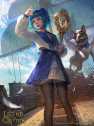 Rule 34 | 1girl, absurdres, animal, blue eyes, blue hair, blue sky, dog, glasses, highres, legend of the cryptids, outdoors, ship, sky, thighhighs, wan1, wand, watercraft, watermark