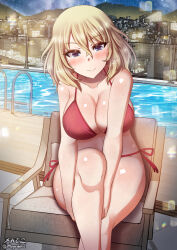 Rule 34 | 1girl, bikini, blonde hair, blue eyes, blush, breasts, cityscape, cleavage, closed mouth, girls und panzer, highres, large breasts, looking at viewer, megadeko, navel, oshida (girls und panzer), outdoors, pool, red bikini, short hair, smile, solo, swimsuit