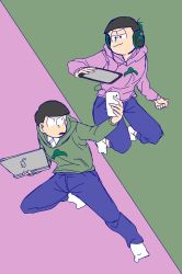 Rule 34 | 10s, 2boys, :3, bad id, bad pixiv id, brothers, brown hair, cellphone, clenched hand, computer, headphones, highres, hood, hoodie, laptop, looking at another, male focus, matsuno choromatsu, matsuno todomatsu, multiple boys, osomatsu-kun, osomatsu-san, osomatsu (series), phone, siblings, simple background, split screen, sweater, two-tone background, yuru (tmb730)