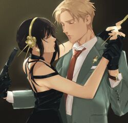 Rule 34 | 1boy, 1girl, black dress, couple, dagger, dress, earrings, formal, gold earrings, gold hairband, green jacket, green suit, hairband, hetero, highres, holding, holding dagger, holding knife, holding weapon, husband and wife, jacket, jewelry, knife, looking at another, nori (noriarchives), red tie, spy x family, stiletto (weapon), suit, suit jacket, tearing up, twilight (spy x family), two-sided dress, two-sided fabric, weapon, yor briar