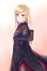 Rule 34 | 1girl, abyssal ship, bare shoulders, blonde hair, blue eyes, blush, breasts, cleavage, cross, dark persona, elbow gloves, flying sweatdrops, gloves, highres, ian wang, jewelry, looking at viewer, necklace, pantyhose, richelieu (warship girls r), solo, two-barred cross, warship girls r