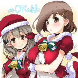 Rule 34 | 2girls, bad id, bad twitter id, bell, black collar, blush, bow, bowtie, braid, breasts, brown eyes, brown hair, capelet, cleavage, closed mouth, collar, collarbone, dress, female focus, grey hair, hair ornament, hairclip, hat, hirowa nagi, holding, holding clothes, holding hat, indie virtual youtuber, kusunoki shio, kusunoki shio (channel), large breasts, long hair, looking at viewer, makanon channel (kari), masaki kanon, medium breasts, multiple girls, open mouth, parted lips, pointy ears, santa costume, santa hat, short hair, simple background, sketch, smile, twin braids, unworn hat, unworn headwear, upper body, virtual youtuber, white background, white dress