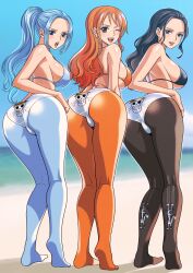 3girls :d :o ;d absurdres ass bikini black_bikini black_eyes black_hair blue_bikini blue_eyes blue_hair blue_pantyhose blue_sky commission day forehead from_behind highres long_hair multiple_girls nami_(one_piece) nefertari_vivi nico_robin one_eye_closed one_piece open_mouth orange_bikini orange_eyes orange_hair orange_pantyhose outdoors panties pantyhose ponytail print_panties second-party_source skeb_commission skull_print sky smile standing swimsuit teeth tongue underwear upper_teeth_only white_panties youkan_(tako)