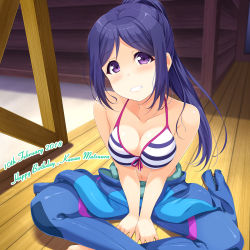 Rule 34 | 1girl, bikini, bikini top only, blue bodysuit, blue hair, bodysuit, breasts, character name, cleavage, dated, diving suit, front-tie top, grin, happy birthday, highres, hino minato (spec.c), indian style, long hair, looking at viewer, love live!, love live! school idol festival, love live! sunshine!!, matsuura kanan, medium breasts, open wetsuit, ponytail, purple eyes, sitting, smile, solo, striped bikini, striped clothes, swimsuit, unzipped, wetsuit, wooden floor
