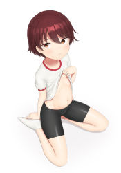 Rule 34 | 1girl, absurdres, ankle socks, bike shorts, brown hair, clothes lift, female focus, flat chest, frown, girls und panzer, highres, isobe noriko, lifted by self, navel, sc naru, shirt lift, short hair, simple background, sitting, socks, solo, white background