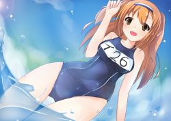 Rule 34 | 10s, 1girl, bad id, bad pixiv id, breasts, brown eyes, clothes writing, cloud, day, hairband, i-26 (kancolle), kantai collection, large breasts, light brown hair, long hair, misu t (ccc), name tag, new school swimsuit, ocean, one-piece swimsuit, open mouth, school swimsuit, sky, smile, solo, swimsuit, two-tone hairband, two side up, water