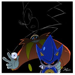 Rule 34 | 1other, 2boys, absurdres, animal nose, bald, black background, black pants, black sclera, cd, classic sonic, colored sclera, dorythenelson, dr. eggman, evil smile, facial hair, feet out of frame, gloves, hand on another&#039;s shoulder, hedgehog, hedgehog ears, hedgehog tail, highres, holding cd, holding disc, joints, looking at viewer, metal, metal skin, metal sonic, multiple boys, pants, red eyes, red shirt, robot, sega, shirt, simple background, smile, snout, sonic (series), sonic cd, sonic the hedgehog, sonic the hedgehog (classic), teeth, upper body, white gloves