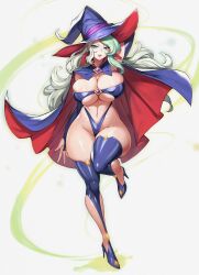 Rule 34 | 1girl, absurdres, arm up, blue eyes, breasts, bridal gauntlets, brooch, cape, diana cavendish, gurimjang, hat, highres, jewelry, large breasts, light green hair, lips, little witch academia, long hair, looking at viewer, navel, parted lips, purple thighhighs, revealing clothes, solo, thighhighs, witch hat