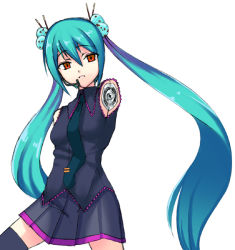 Rule 34 | 1girl, amputee, android, gin (ginshari), green hair, hatsune miku, long hair, necktie, no arms, red eyes, solo, thighhighs, twintails, vocaloid