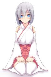 Rule 34 | 10s, 1girl, alternate costume, bare shoulders, blue eyes, breasts, detached sleeves, hair between eyes, hair ornament, hair over one eye, hairclip, hamakaze (kancolle), japanese clothes, kantai collection, long sleeves, looking at viewer, medium breasts, miko, parted lips, ribbon-trimmed sleeves, ribbon trim, sash, silver hair, simple background, sitting, solo, takeyuu, thighhighs, wariza, white background, white thighhighs, wide sleeves