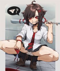 Rule 34 | 1girl, ahoge, asymmetrical hair, bandaid, bandaid on arm, bandaid on face, bandaid on leg, baseball bat, black nails, black skirt, black socks, blood, blood stain, bracelet, brown footwear, chain, commentary, delinquent, english commentary, eyelashes, fence, full body, gold chain, grey background, hair ornament, hair ribbon, hand up, highres, holding, jewelry, k-rha&#039;s, loafers, medium hair, miniskirt, nail polish, necktie, original, outdoors, panties, parted bangs, pleated skirt, pool of blood, red eyes, red nails, red necktie, red ribbon, ribbed socks, ribbon, scissors, shirt, shoes, skirt, socks, solo, speech bubble, squatting, teeth, thighs, tile floor, tiles, tiptoes, underwear, white panties, white shirt, x hair ornament