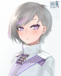 Rule 34 | 1girl, blush, commentary, commission, contender (girls&#039; frontline), contender (opera ghost) (girls&#039; frontline), ehrrr, english commentary, girls&#039; frontline, grey background, grey hair, highres, jacket, looking at viewer, military, military uniform, official alternate costume, parted lips, purple eyes, short hair, solo, swept bangs, twitter username, uniform, upper body, white jacket