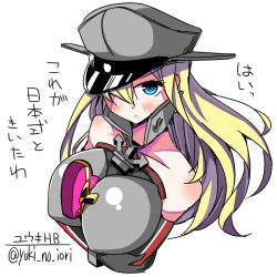 Rule 34 | &gt;:&lt;, 10s, 1girl, :&lt;, bare shoulders, between breasts, bismarck (kancolle), blonde hair, blue eyes, breasts, candy, chocolate, chocolate heart, closed mouth, food, gloves, hair over one eye, hat, heart, kantai collection, large breasts, long hair, peaked cap, solo, translation request, twitter username, v-shaped eyebrows, valentine, yuuki hb