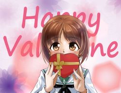 Rule 34 | 1girl, abimaru gup, absurdres, black neckerchief, blouse, blush, box, brown eyes, brown hair, commentary request, covering own mouth, english text, gift, gift box, girls und panzer, happy valentine, heart-shaped box, highres, holding, holding gift, long sleeves, looking at viewer, multicolored background, neckerchief, nishizumi miho, ooarai school uniform, portrait, sailor collar, school uniform, shirt, short hair, solo, text background, valentine, white sailor collar, white shirt