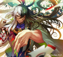 Rule 34 | 1boy, ashiya douman (fate), asymmetrical clothes, asymmetrical hair, bell, black eyes, black hair, blurry, blurry background, blurry foreground, curly hair, earrings, eyeshadow, fate/grand order, fate (series), fingernails, floating, floating hair, floating object, green eyeshadow, green kimono, green lips, green nails, hair bell, hair between eyes, hair intakes, hair ornament, hand gesture, highres, hotaruika niji, japanese clothes, jewelry, kimono, lipstick, long hair, looking at viewer, magatama, magatama earrings, makeup, male focus, multicolored hair, nail polish, open clothes, open kimono, ribbed sleeves, sharp fingernails, shikigami, smile, solo, split-color hair, toned, toned male, two-tone hair, upper body, very long fingernails, very long hair, white hair