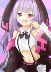 Rule 34 | 1girl, azur lane, belt, commentary request, detached sleeves, fang, hair ornament, hand on own face, highres, hobby (azur lane), long hair, looking at viewer, midriff, navel, open mouth, purple hair, red eyes, shirt, sleeveless, sleeveless shirt, solo, v