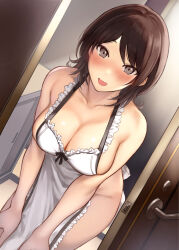 Rule 34 | 1girl, amagami, apron, bare arms, bare shoulders, blush, breasts, brown hair, cleavage, collarbone, door, doorway, frilled apron, frills, grey eyes, groin, hands on own knees, highres, indoors, leaning forward, looking at viewer, medium breasts, medium hair, naked apron, open door, open mouth, serizawa (serizawaroom), sideboob, solo, standing, takahashi maya, white apron