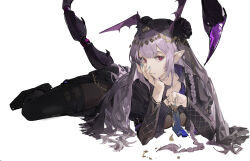 Rule 34 | 1girl, absurdres, arknights, bat wings, black footwear, black pantyhose, black shirt, black thighhighs, black veil, blue nails, blue necktie, braid, breasts, closed mouth, commentary, expressionless, full body, hand on own face, head wings, highres, holding, holding jewelry, holding necklace, jewelry, light purple hair, long hair, long sleeves, looking at viewer, lying, manticore (arknights), manticore (under a veil) (arknights), medium breasts, nail polish, necklace, necktie, official alternate costume, on stomach, pantyhose, pinup (style), pointy ears, purple eyes, scorpion tail, shirt, shoes, side braids, simple background, solo, tail, thigh strap, thighhighs, veil, white background, wings, yeyuanqianqianqian