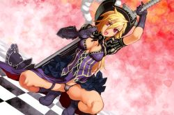 Rule 34 | 1girl, black panties, blonde hair, breasts, cameltoe, charles d&#039;artagnan, cleavage, dress, dutch angle, gloves, hat, highres, hyakka ryouran samurai girls, long hair, nishii (damnedrive), official art, open mouth, panties, red eyes, solo, squatting, sword, thigh strap, thong, underwear, weapon