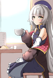 Rule 34 | 1girl, absurdres, azur lane, bare shoulders, beret, blue dress, blue hat, blush, brown jacket, chair, closed mouth, cup, day, dress, food, frilled dress, frills, from side, gloves, grey hair, hat, headpiece, highres, holding, holding cup, indoors, jacket, long hair, long sleeves, looking at viewer, looking to the side, moyoron, off shoulder, on chair, open clothes, open jacket, plate, puffy long sleeves, puffy sleeves, sandwich, sitting, sleeves past wrists, solo, table, very long hair, white gloves, window, yellow eyes, z46 (azur lane)