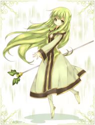 Rule 34 | 00s, 1girl, breasts, dress, green eyes, green hair, long hair, martel yggdrasill, shoes, staff, tales of (series), tales of symphonia