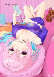 Rule 34 | 1girl, 2019, absurdres, ahoge, artist name, bare legs, barefoot, black nails, blue hair, blurry, blurry background, blush, breasts, brown skirt, cellphone, cleavage, clothes on floor, collarbone, couch, covered erect nipples, curtains, dated, dot nose, fang, hair between eyes, hair intakes, hand up, head on pillow, highres, holding, holding phone, idolmaster, idolmaster cinderella girls, indoors, knee up, large breasts, leg up, looking at viewer, lying, meme, mokyutan, multicolored hair, multicolored nails, nail polish, no bra, off-shoulder shirt, off shoulder, on back, open mouth, phone, pillow, pink eyes, pink hair, pink nails, plaid, plaid skirt, shiny skin, shirt, short hair, short sleeves, single bare shoulder, skirt, unworn skirt, smartphone, solo, space cat (meme), suitcase, t-shirt, thighs, toenail polish, toenails, tongue, two-tone hair, upside-down, wavy mouth, wooden floor, yumemi riamu