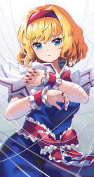 Rule 34 | 1girl, absurdres, alice margatroid, blonde hair, blue eyes, capelet, fingernails, frilled ribbon, frills, hairband, highres, nail polish, parted lips, puppet strings, red hairband, red nails, red neckwear, red ribbon, ribbon, shirt, short hair, short sleeves, solo, touhou, white capelet, white shirt, yuujin (yuzinn333)