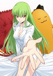 Rule 34 | 1girl, arm at side, arm support, bare legs, beckoning, bed sheet, bottomless, breasts, c.c., cheese-kun, cleavage, code geass, collared shirt, dress shirt, fingernails, frilled pillow, frills, green hair, hair between eyes, highres, isshi pyuma, lips, long fingernails, long hair, long sleeves, looking at viewer, md5 mismatch, medium breasts, naked shirt, no pants, on bed, outstretched arm, palms, parted lips, pillow, polka dot, polka dot background, resolution mismatch, shirt, sitting, smile, solo, source larger, stuffed toy, white shirt, yellow eyes