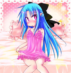 Rule 34 | 00s, 1girl, babydoll, blue hair, blush, bow, embarrassed, frilled pillow, frills, hair bow, half updo, knees together feet apart, len (tsukihime), long hair, melty blood, on bed, pillow, pointy ears, red eyes, sitting, solo, sondenkou, tsukihime