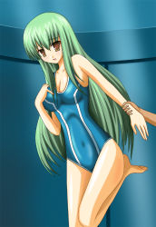 Rule 34 | 00s, 1girl, barefoot, blue one-piece swimsuit, breasts, c.c., cleavage, code geass, covered navel, green hair, holding another&#039;s wrist, large breasts, long hair, natsuzakura yuuki, one-piece swimsuit, solo focus, swimsuit, very long hair