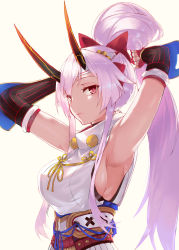 Rule 34 | 1girl, absurdres, adjusting hair, armpits, arms up, bow, breasts, ceda (dace), closed mouth, fate/grand order, fate (series), fingerless gloves, gloves, hachimaki, hair between eyes, hair bow, headband, highres, holding, holding own hair, horns, japanese clothes, large breasts, long hair, looking at viewer, oni horns, ponytail, red bow, red eyes, sideboob, silver hair, smile, solo, tomoe gozen (fate), upper body