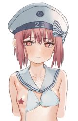 Rule 34 | 1girl, bikini, blush, breasts, censored, censored nipples, closed mouth, dot nose, hat, kantai collection, looking at viewer, luicent, medium hair, red eyes, red hair, sailor collar, sailor hat, shirt, sidelocks, simple background, small breasts, solo, star censor, swimsuit, untied bikini, upper body, white background, white bikini, white sailor collar, white shirt, z3 max schultz (kancolle)